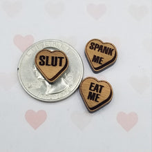 Load image into Gallery viewer, Valentine conversation hearts 32 saying setsexy, dirty, inappropriate, cheeky laser engraved wood magnet