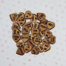 Load image into Gallery viewer, Valentine conversation hearts 32 saying setsexy, dirty, inappropriate, cheeky laser engraved wood magnet