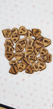 Load image into Gallery viewer, Valentine conversation hearts 32 saying setsexy, dirty, inappropriate, cheeky laser engraved wood magnet