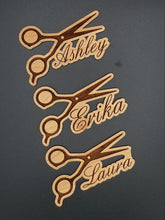 Load image into Gallery viewer, Hair stylist scissor custom name wood ornament
