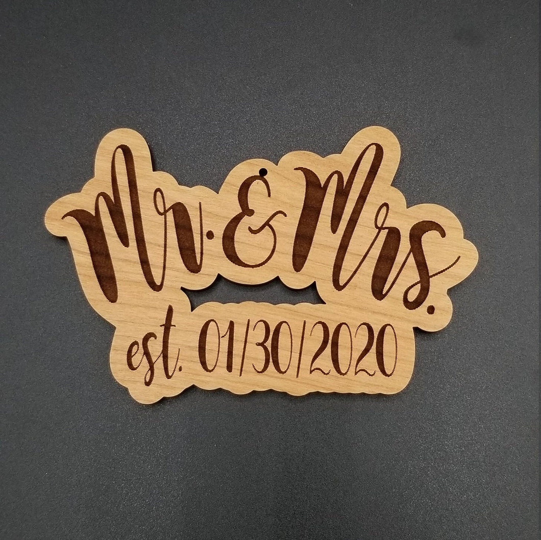 Mr & mrs hardwood ornament with wedding date