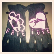 Load image into Gallery viewer, love and hate fleece tattoo knuckle gloves - Altered Goods
